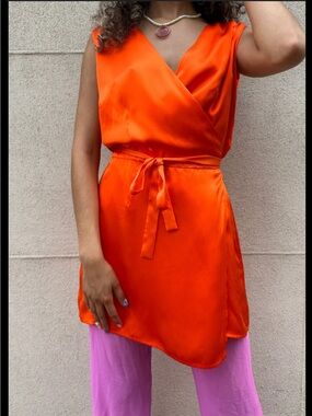 Lily Forbes - Asymmetrical Satin Wrap Dress in Vibrant Orange